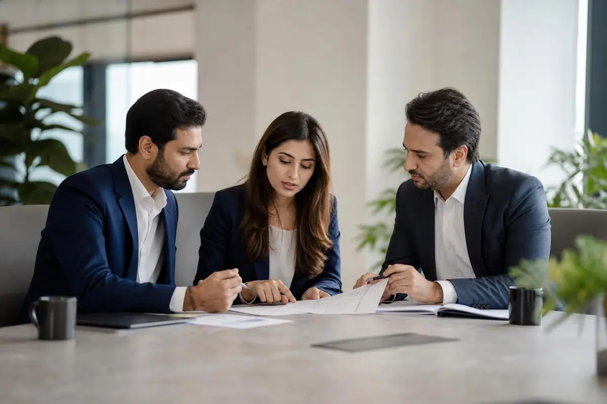 A small consultancy team reviewing files together in a bright office