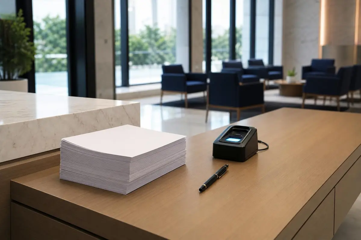 A calm document reception counter with forms and a fingerprint scanner