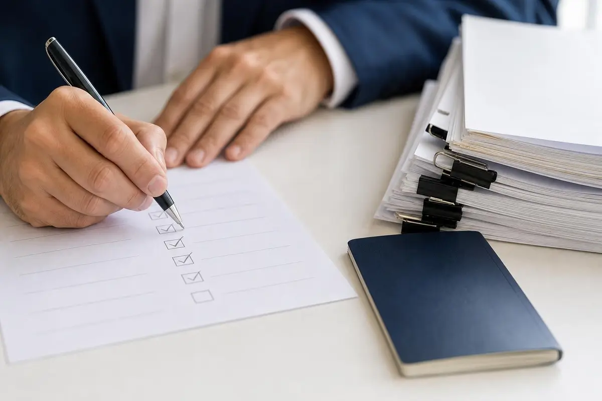 Hands ticking a document checklist beside a stack of clipped papers