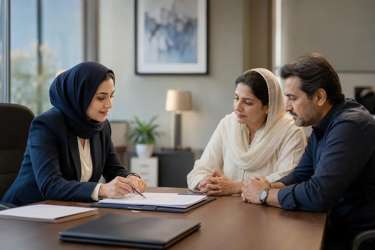 A consultant explaining a document checklist to a Pakistani couple