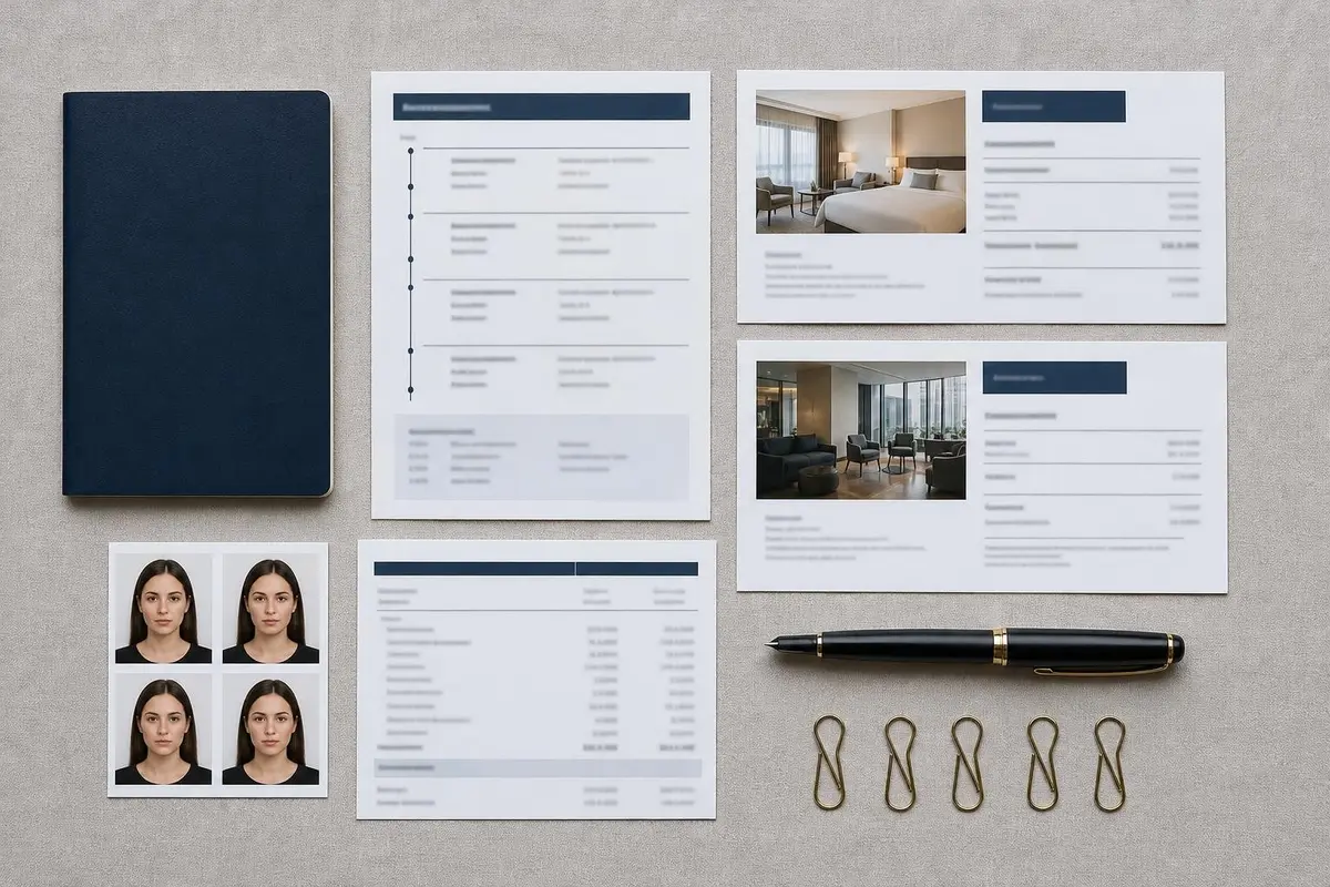 Passport, itinerary, hotel reservations and bank statements arranged as a visa file