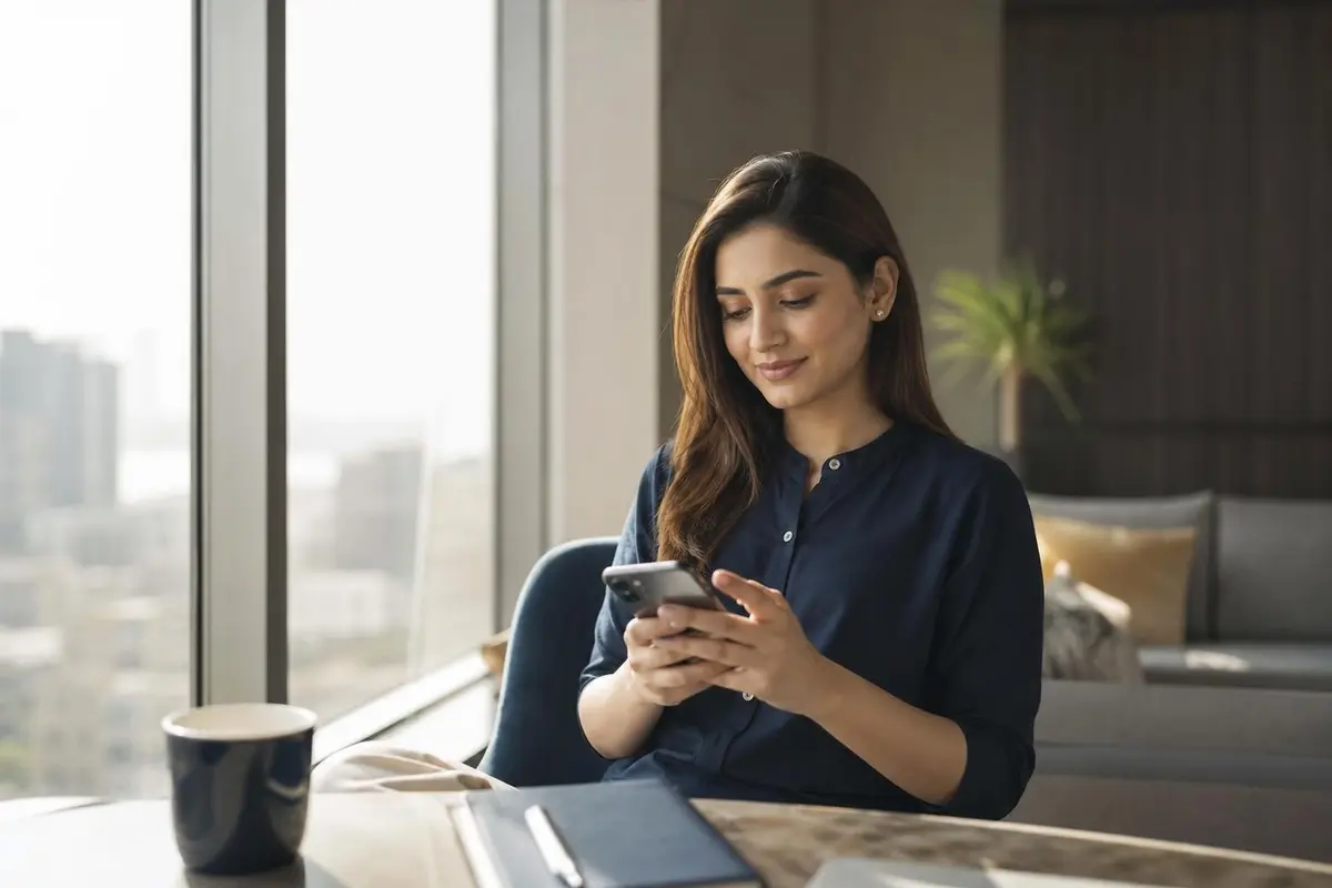 A young Pakistani woman sending a message on her phone at home