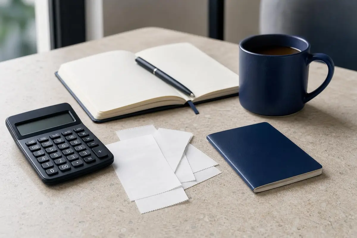 A calculator, receipts and a notebook used to plan travel costs