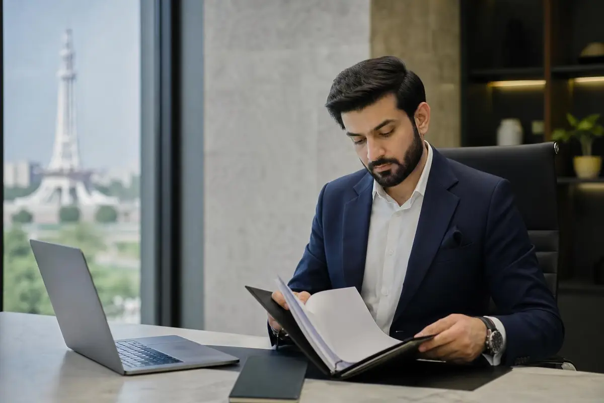 A Pakistani professional reviewing an organised travel application file at his desk